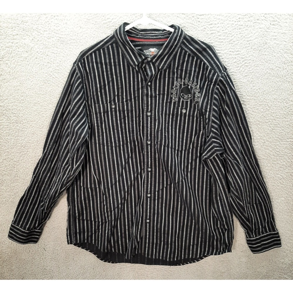 Harley Davidson Shirt Adult XL Black White Striped Biker Motorcycle Skull Grunge